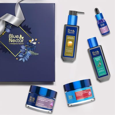 Blue Nectar Bestsellers Gift Set for Women & Men | Kumkumadi Face Serum, Anti Aging Cream, Hair Oil, Face Wash & Scrub | Gift Box for Birthday, Anniversary & Special Occasions | For All Skin Types