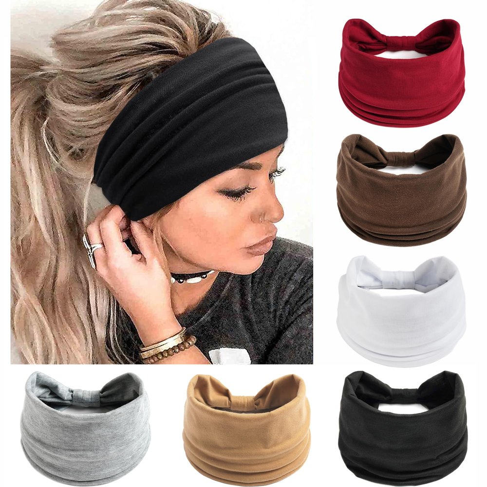 FULZTEY Wide Headbands for Women Neutral Knot Headwrap Fashion Black Head Bands Elastic Non Slip Workout Yoga Sweat Hairbands Solid Cotton Turban Large African Bandanas for Hair Accessories 6Pcs