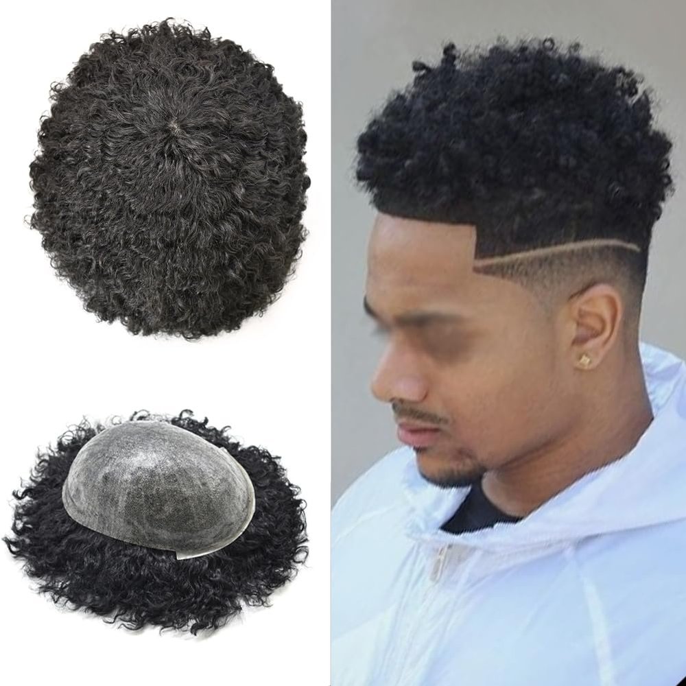 Full PU Afro Toupee for Black Men Brazilian Human Hair Replacement System African American Man Hairpiece Kinky Curly Mens Toupee Hair Units for Black Man 10MM AFRO WAVE #1 JET BLACK