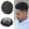 Full PU Afro Toupee for Black Men Brazilian Human Hair Replacement System African American Man Hairpiece Kinky Curly Mens Toupee Hair Units for Black Man 10MM AFRO WAVE #1 JET BLACK view 1