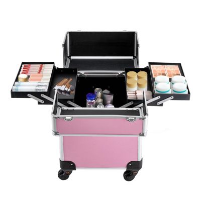 DOONARCES Black/Pink Rolling Makeup Train Case Professional Travel Cosmetic Trolley Lockable Large Makeup Travel Case Organizer with 4 Sliding Trays Makeup Barber Luggage Case with Wheels (Pink)
