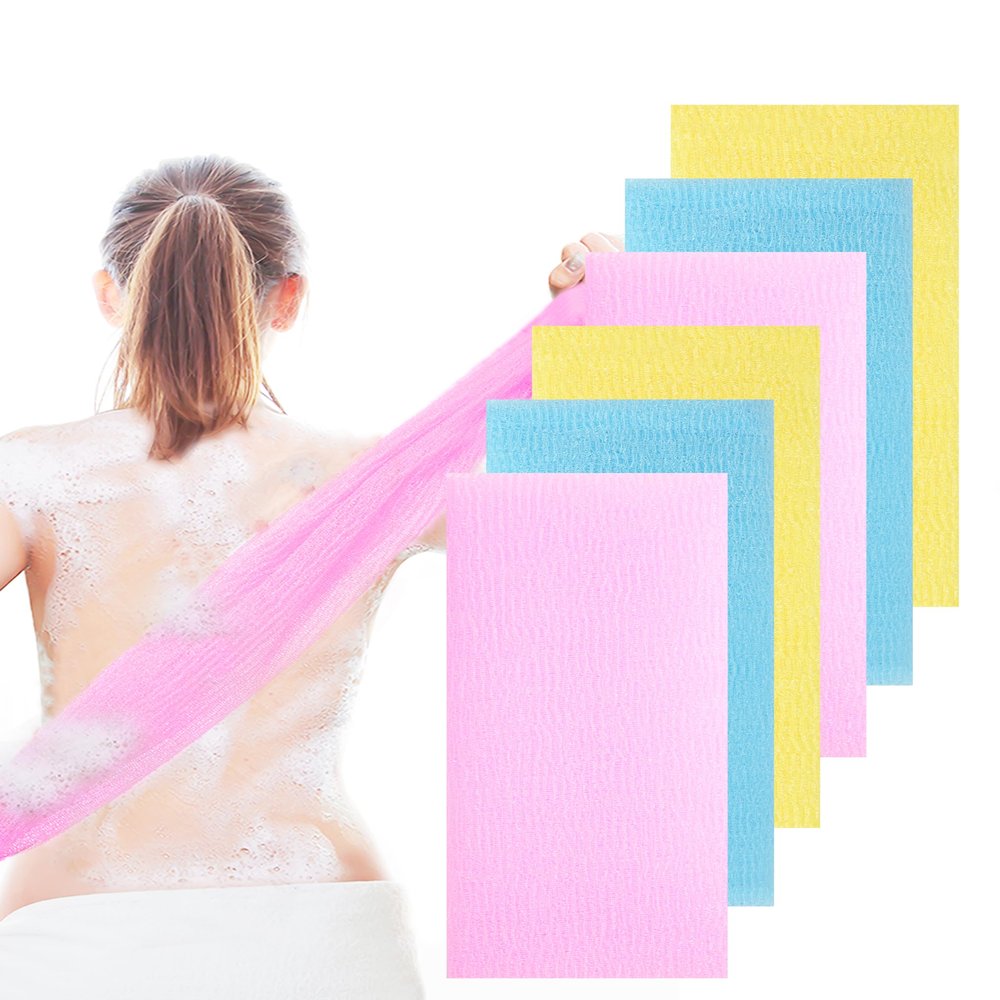 6 PCS Exfoliating Washcloth, 35 Inch 3 Colors Nylon Bath Exfoliating Towel for Shower, Colorful Japanese Washcloth, Exfoliating Body Scrubber (Blue, Yellow, Pink)