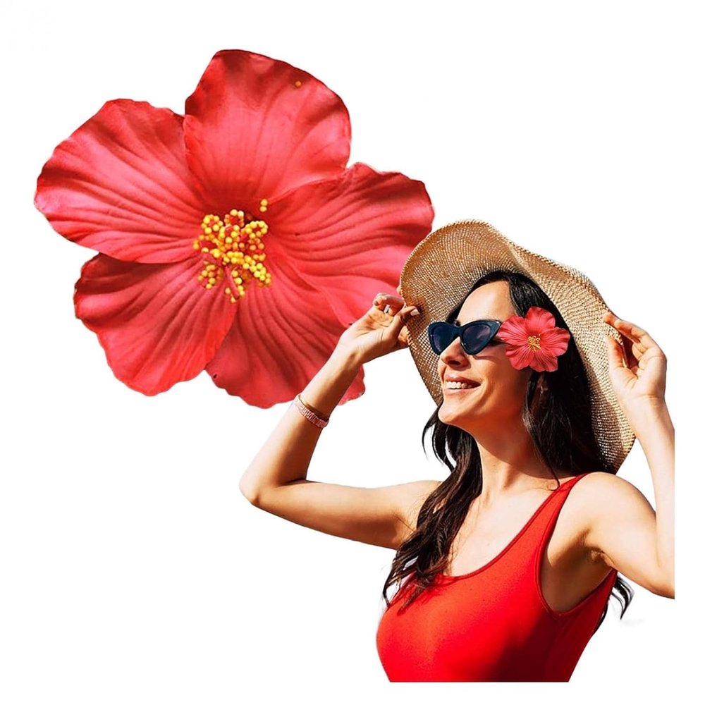GANPUB 1Pc Red Hawaiian Flower Hair Clip for Women Girls, Fashion Bohemian Flowers Hair Accessory for Dancer, Bridal Wedding Beach Party