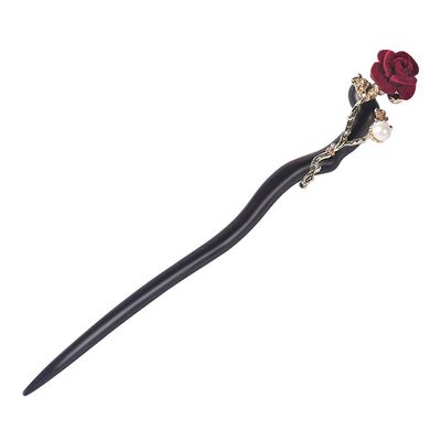 1 Piece Wooden Hair Sticks Chinese Style Wood Pearl Flocking Rose Flower Hair Chopsticks Buns Pin Hair Accessories for Women Girls,Black