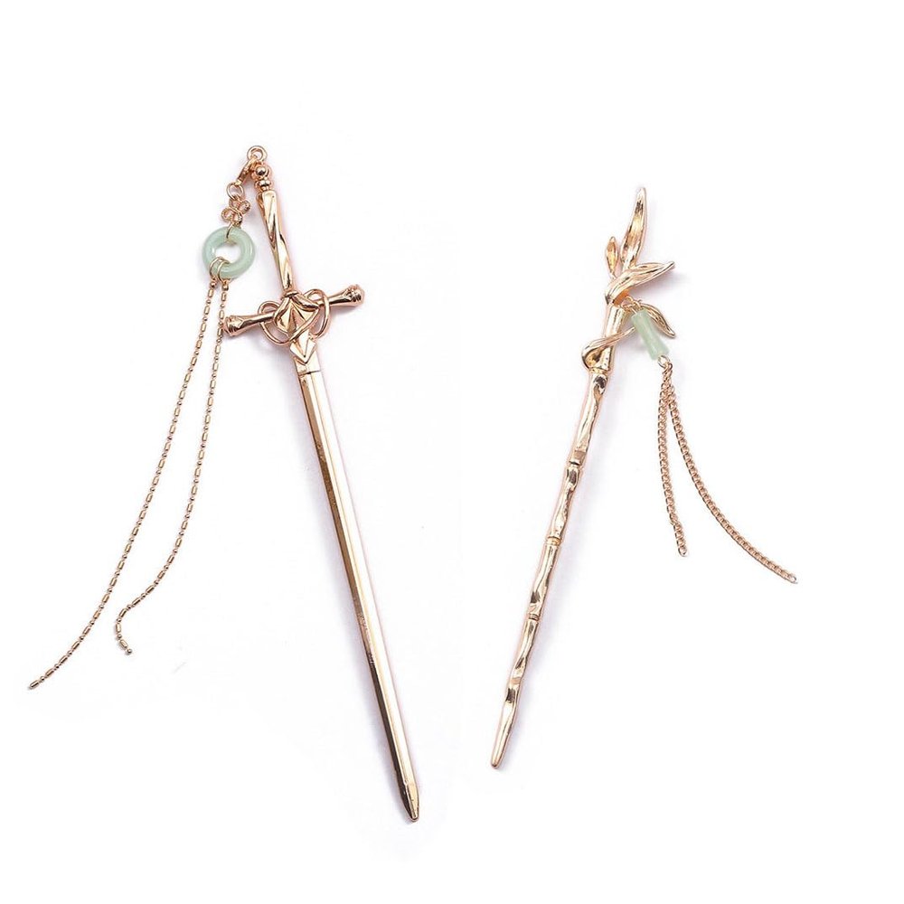 2 Pcs Metal Tassels Hair Sticks Chinese Style Sword Bamboo Hair Chopsticks Buns Pin Hair Accessories for Women Girls, Gold