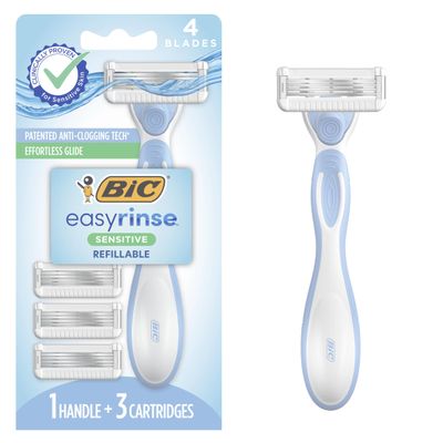 BIC EasyRinse Sensitive Anti-Clogging, Refillable Women's Razors With 4 Blades, 1 Razor Handle and 3 Refill Razor Cartridges Razor Kit