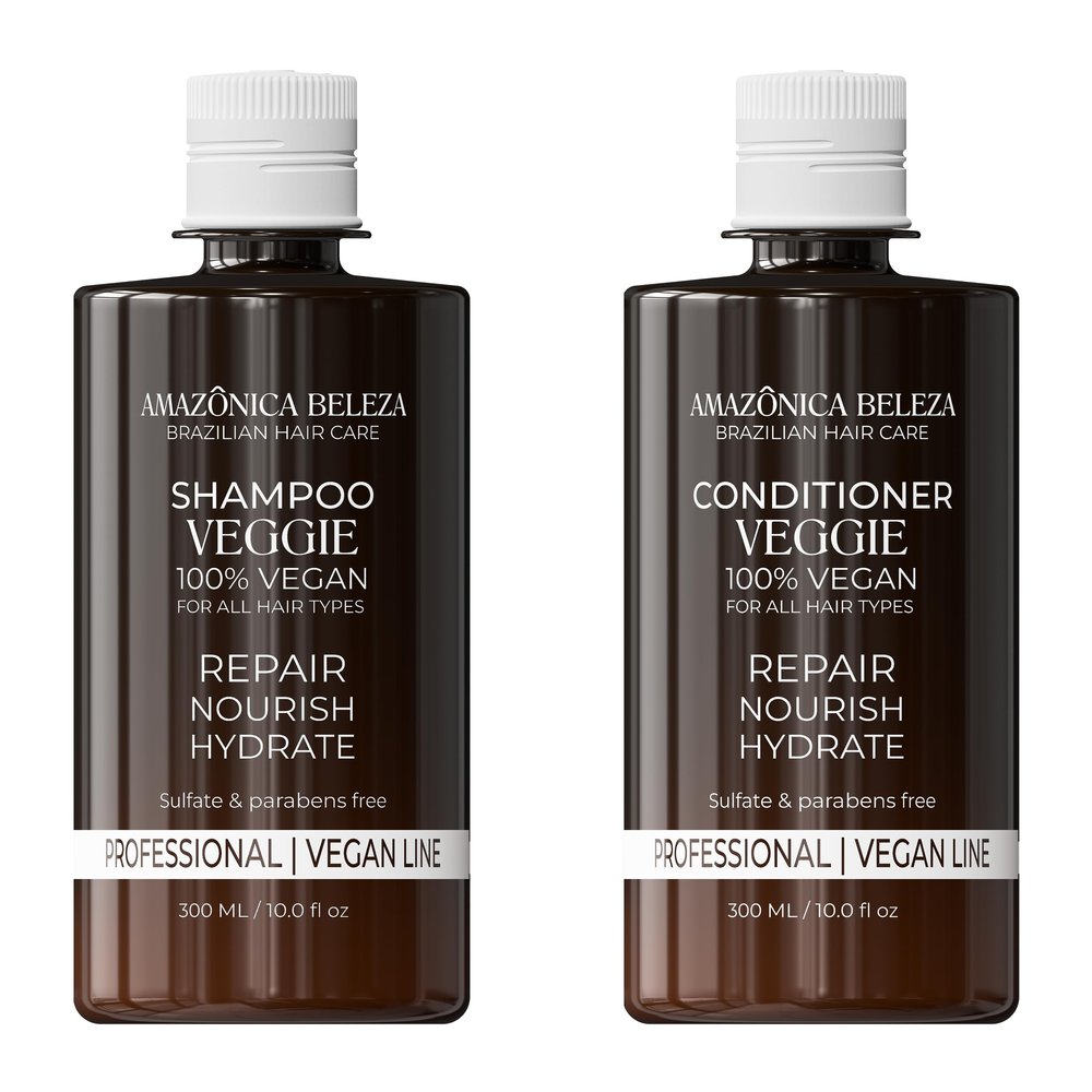 AMAZONICA BELEZA Vegan Veggie Refiner Shampo and Conditioner, Nourishes, Moisturizes and Repairs, Sulfate, Parabens and Cruelty Free, with Natural Ingredients for all Hair Types, 10 Oz