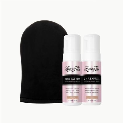 Loving Tan 2 HR Express Mousse, Medium (2 Pack) + Mitt - Streak Free, Natural looking, Professional Strength Sunless Tanner- Up to 5 Apps/Bottle, Cruelty Free, Naturally Derived DHA- 4 FL Oz