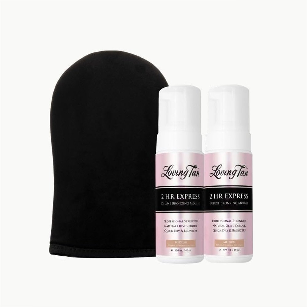 Loving Tan 2 HR Express Mousse, Medium (2 Pack) + Mitt - Streak Free, Natural looking, Professional Strength Sunless Tanner- Up to 5 Apps/Bottle, Cruelty Free, Naturally Derived DHA- 4 FL Oz