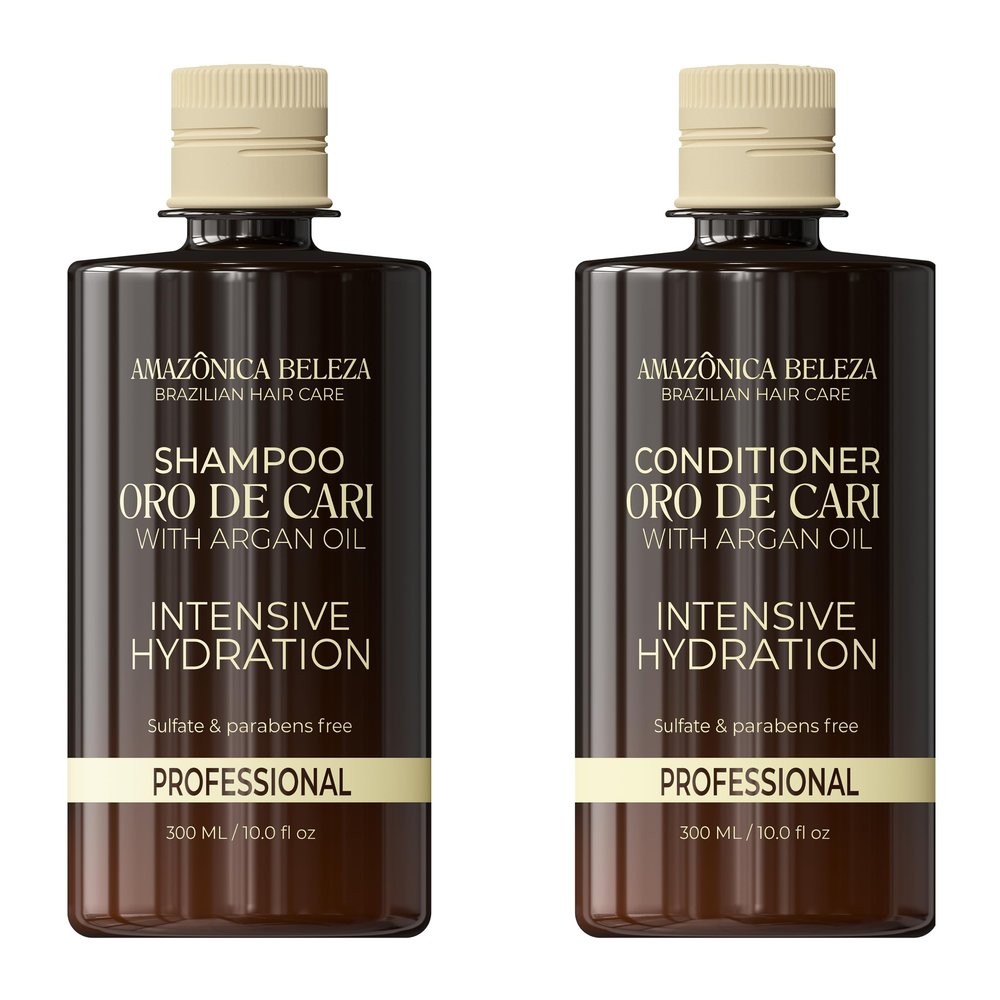 AMAZONICA BELEZA Oro de Cari Shampoo and Conditioner, Intensive Hydration for Dry Hair with Argan Oil and Vitamin E, Professional Line, 10 Oz