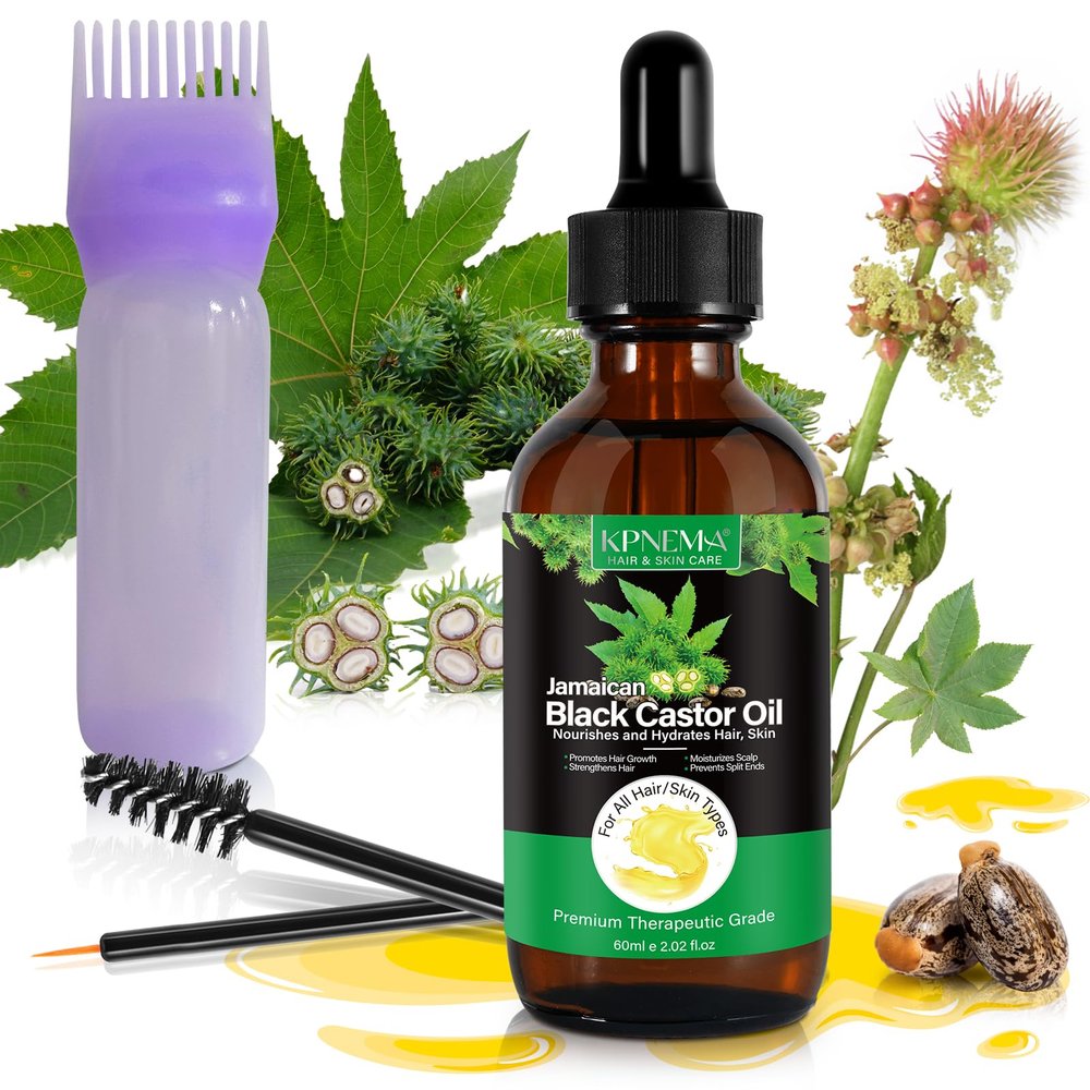 KPNEMA Jamaican Black Castor Oil with Hair Oil Application, Black Castor Oil Organic for Skin Care, Promote Hair Growth, 100% Cold Pressed Unrefined Oil for Body and Face