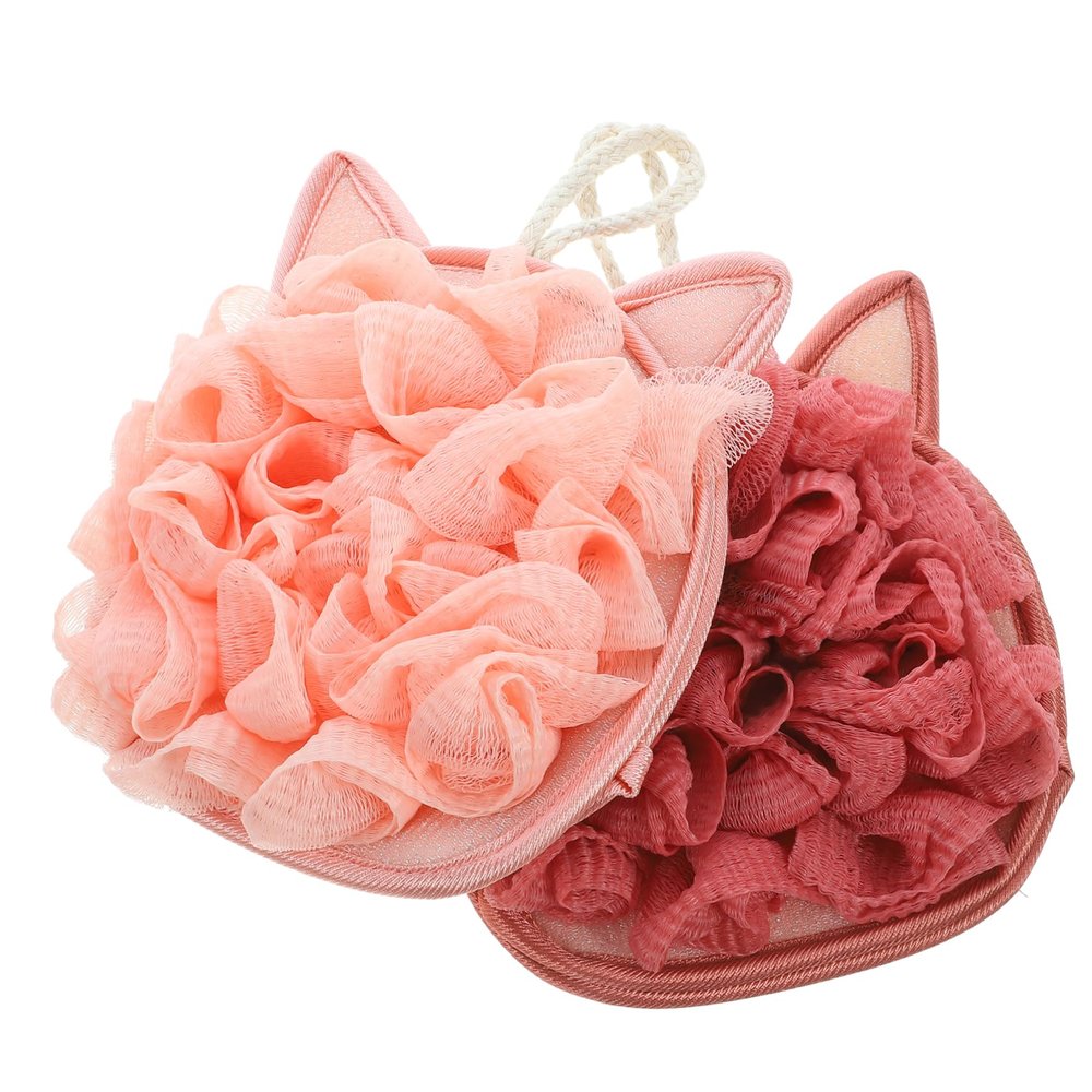 Angoily 2pcs Cartoon Cat Ear Bathing Balls Double-Sided Shower Scrubber for Gentle Exfoliation Lightweight Mesh Loofah Skin Cleaning Tool for Daily Use