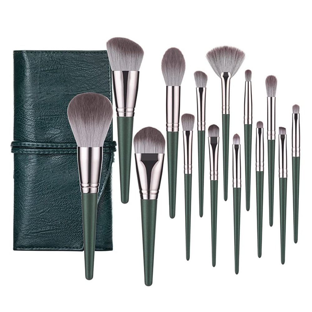 14 Brushes Set Green Large Loose Powder Eyeshadow Foundation Contour