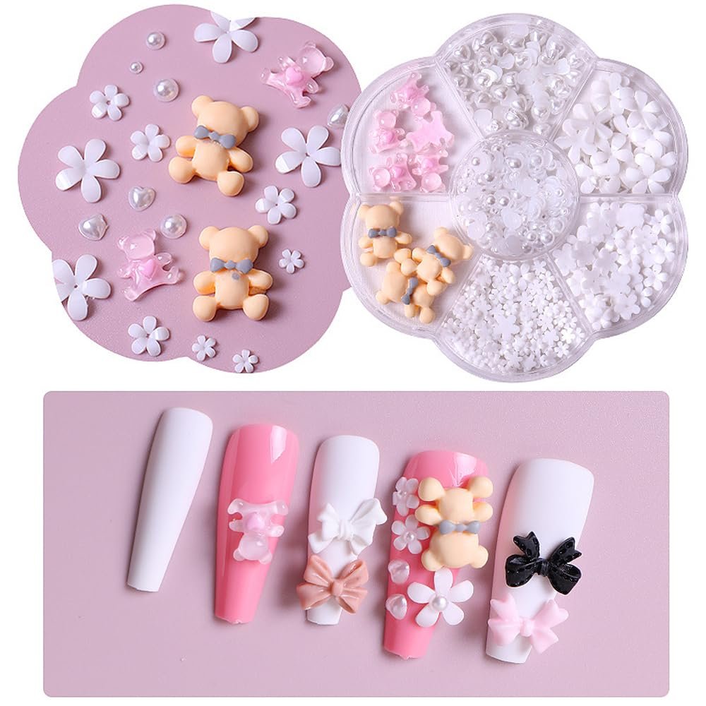 1 Box White Flower Nail Charms 3D Resin Nail Art Charms Cute Little Bear Nail Decorations Pearl Charms for Nails Nail Charms for Acrylic Nails Supplies DIY Nail Art Decoration Accessories