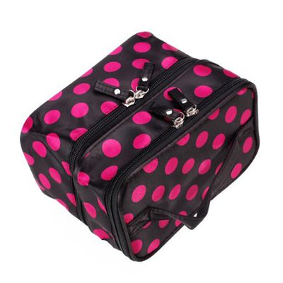 Angoily Portable Dots Pattern Double-layer Cosmetic Bag for Women Black and Rosy Zippered Makeup Organizer for Travel and Toiletry Essentials