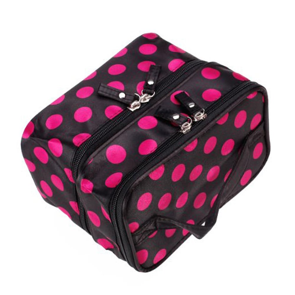 Angoily Portable Dots Pattern Double-layer Cosmetic Bag for Women Black and Rosy Zippered Makeup Organizer for Travel and Toiletry Essentials