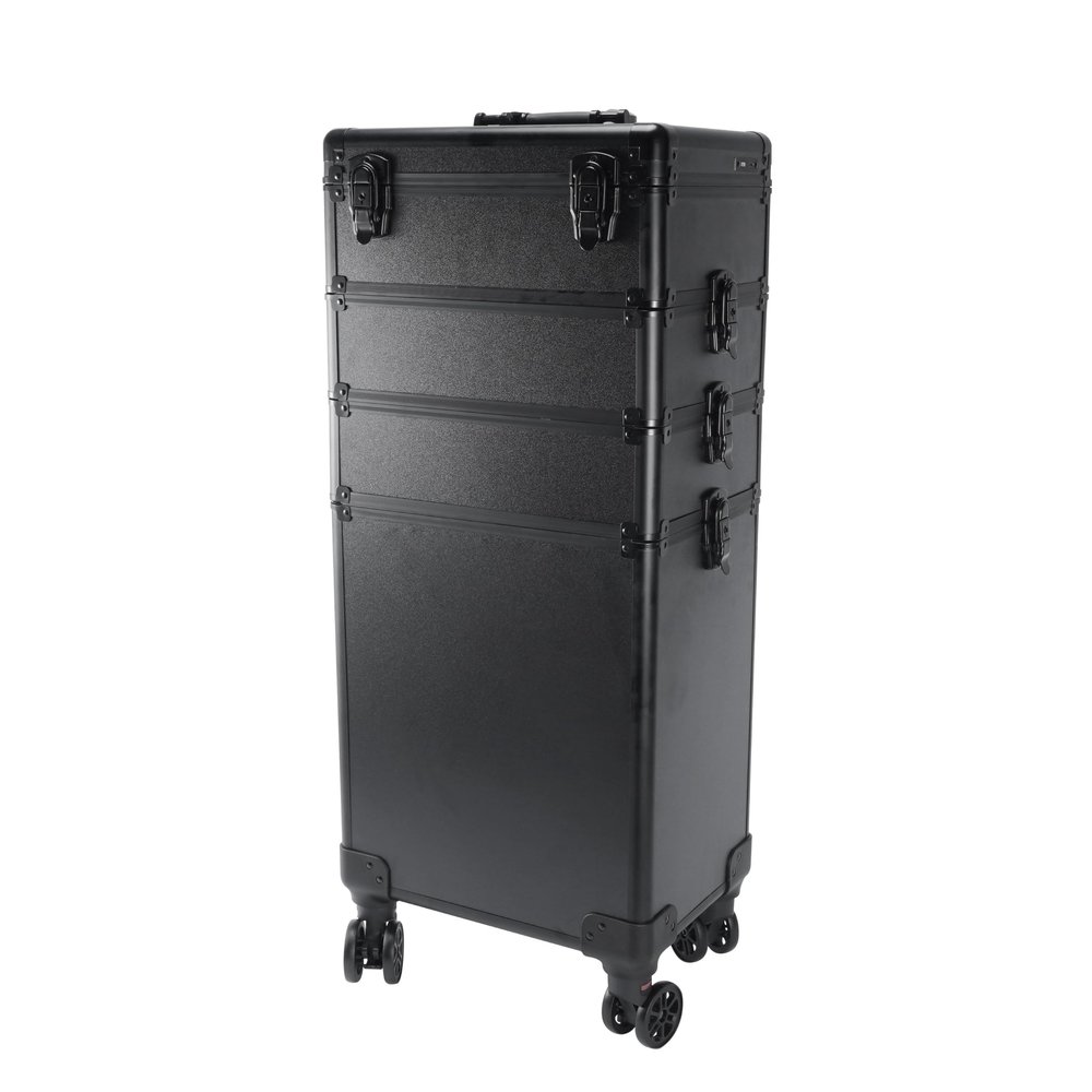 4-in-1 Draw-bar Style Interchangeable Aluminum Rolling Makeup Case-BLACK