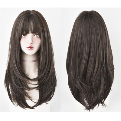 Straight Hair with Air Bangs Machine Made Synthetic for Woman For Hair Loss 65cm /26inch, Long Straight Wigs for Women (Brown)