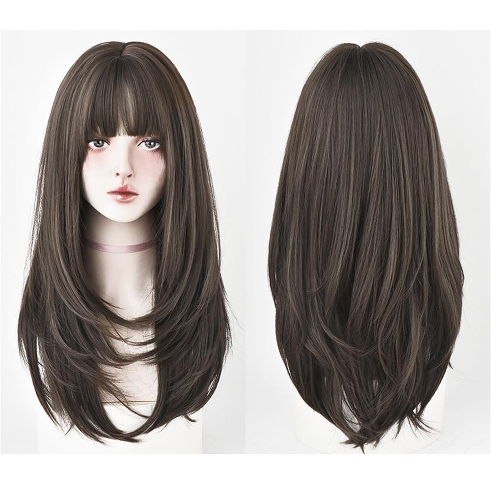 Straight Hair with Air Bangs Machine Made Synthetic for Woman For Hair Loss 65cm /26inch, Long Straight Wigs for Women (Brown)