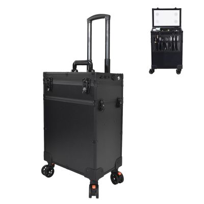 HJXGQJM Rolling Makeup Train Case Portable Cosmetic Trolley Rolling Cosmetic Organizer with Rolling Wheels Lights and Mirror,Combination Make-up Case,Aluminium Make Up Case, Black Cosmetic case