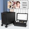 HJXGQJM Rolling Makeup Train Case Portable Cosmetic Trolley Rolling Cosmetic Organizer with Rolling Wheels Lights and Mirror,Combination Make-up Case,Aluminium Make Up Case, Black Cosmetic case view 2