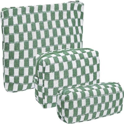 3 Pieces Makeup Bag Large Small Checkered Cosmetic Bag Capacity Canvas Travel Toiletry Bag Organizer Cute Makeup Brushes Aesthetic Accessories Storage Bag for Women (Green)