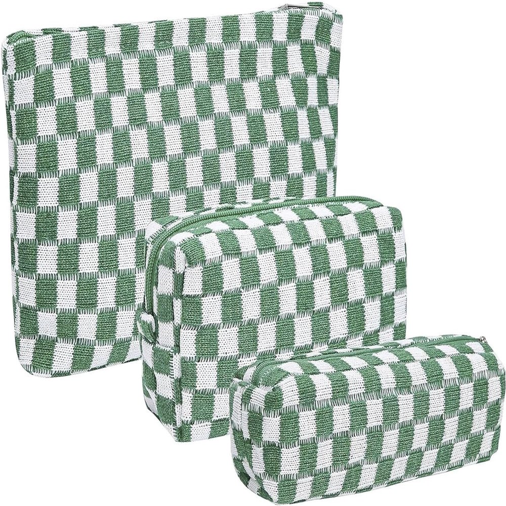 3 Pieces Makeup Bag Large Small Checkered Cosmetic Bag Capacity Canvas Travel Toiletry Bag Organizer Cute Makeup Brushes Aesthetic Accessories Storage Bag for Women (Green)