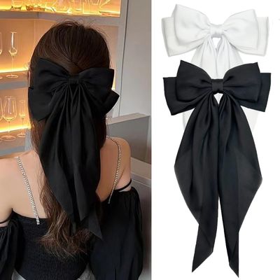AYBLOOM Silky Satin Hair Bows, Oversized Long Tail Aesthetic Hair Accessories (2 Pack, Black + White)