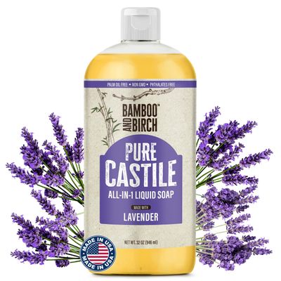 BAMBOO AND BIRCH Pure Castile Soap Liquid, Certified Palm Oil Free Natural Soap, Lavender, 32 oz
