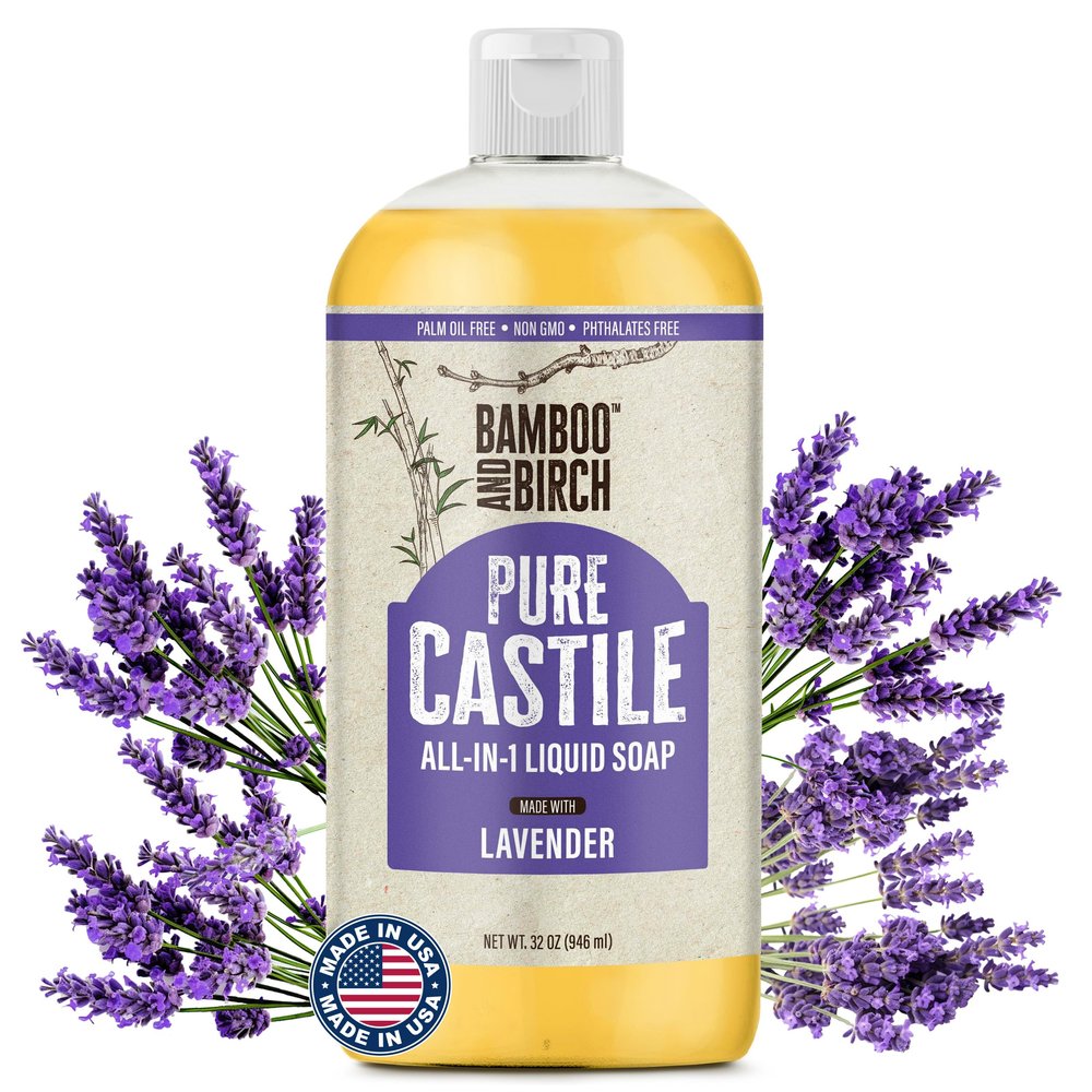 BAMBOO AND BIRCH Pure Castile Soap Liquid, Certified Palm Oil Free Natural Soap, Lavender, 32 oz