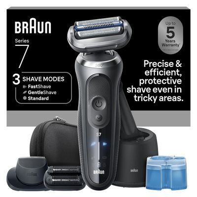 Braun Series 7 Electric Shaver for Men, Wet & Dry Foil Razor, 4-in-1 SmartCare Clean & Charge Center, Beard Trimmer Attachment, Stubble Attachment, Travel Case, Grey 7185cc