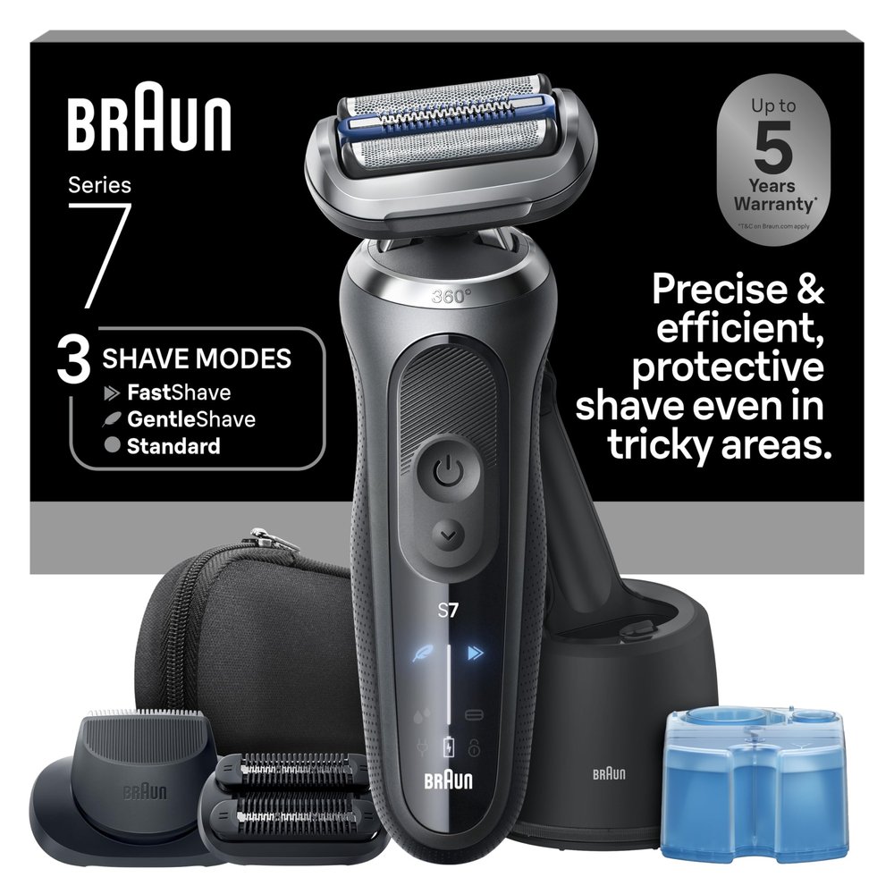 Braun Series 7 Electric Shaver for Men, Wet & Dry Foil Razor, 4-in-1 SmartCare Clean & Charge Center, Beard Trimmer Attachment, Stubble Attachment, Travel Case, Grey 7185cc