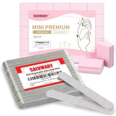 5 Inch Disposable Zebra Nail Files 80/80 Grit 50 Pcs and Pink Mini Nail Buffer Blocks 100/180 Grit 50Pcs Bundle