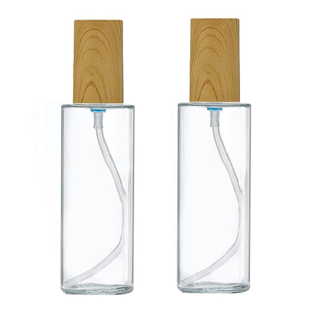 2 PCS 120ml 4oz Clear Glass Leakproof Pump Bottles Cosmetic Travel Container Travel Size Pump Bottles Lotion Dispenser Jar Soap Dispenser with Wood Grain Lid for Essential Oils Cream Lotion Shampoo