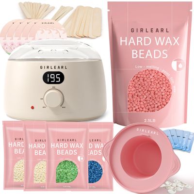 GIRLEARLE Premium Digital Waxing Kit + 2.5lb Rose Hard Wax Beads at Home, Multiple Formulas Target Different Types of Hair for Brazilian Bikini, Facial, Leg, Beard, Eyebrow and Full body