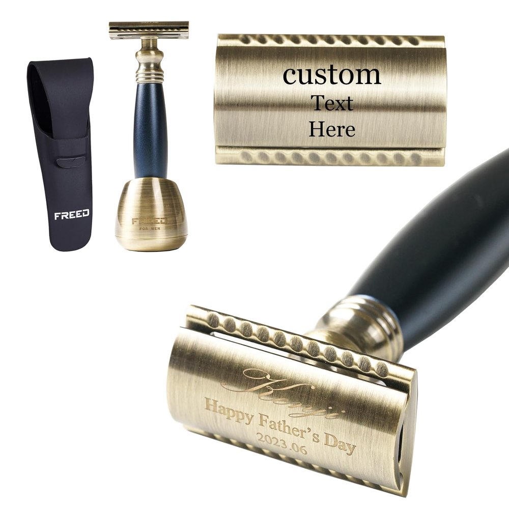 FREED Bronze Series Customized gifts Engraving Shaving Kit - Safety Razor with metal handle include razor travel case,razor base,and 10 blades,It's the best gift for men (Blue)