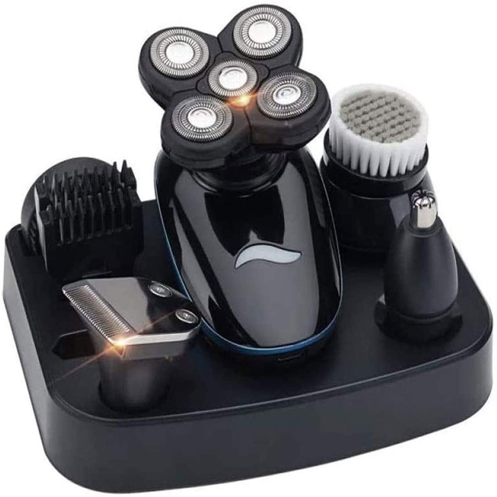 KouRy Multifunction 5 in 1 Electric Shavers for Men with USB Faster-Charging IPX7-Waterproof Rotary Razor with Hair Clippers, Facial Cleaning Brush, Nose & Ear Trimmer Set