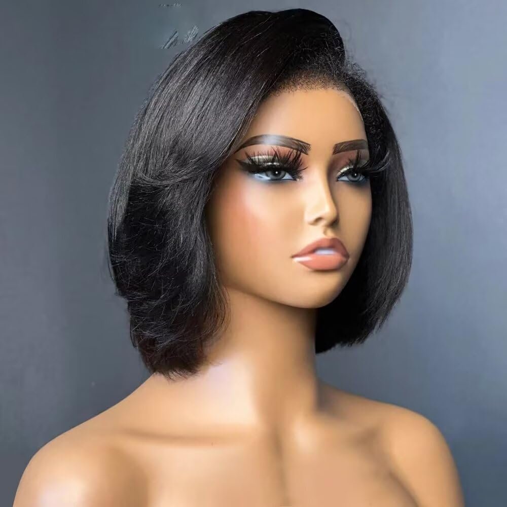 Yaki Straight Bob Wig With Swept Bangs New Trend Younger Kinky Edges 13X4 HD Lace Frontal Wig Yaki Human Hair Wig For Women Glueless Wig Natural Hairline Wig 150% Density 12Inch