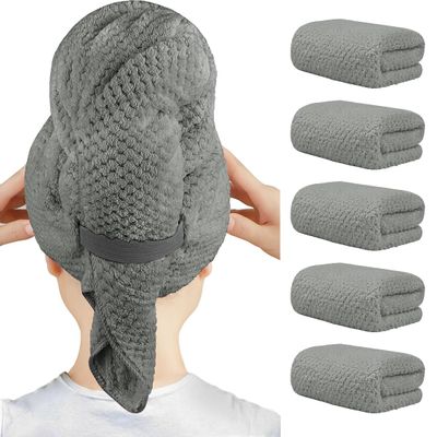 HOMEXCEL 5 Pack Large Microfiber Hair Towel Wrap for Women, Grey- 40 x 20 inches Super Soft, Fast Drying Turbans for Long, Thick, Curly Hair - Anti Frizz Wrap with Elastic Strap