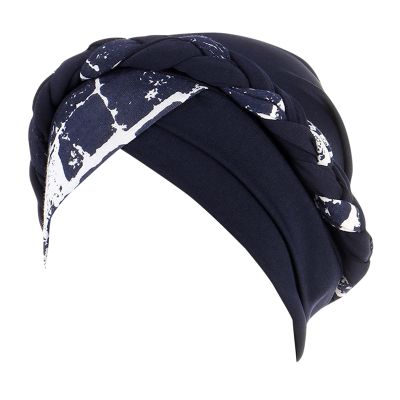 African Women Turban Cap Printed Head Wraps Ethnic Boho Pre Tied Headscarf Twisted Braid Beanie Cap (Navy, One Size)