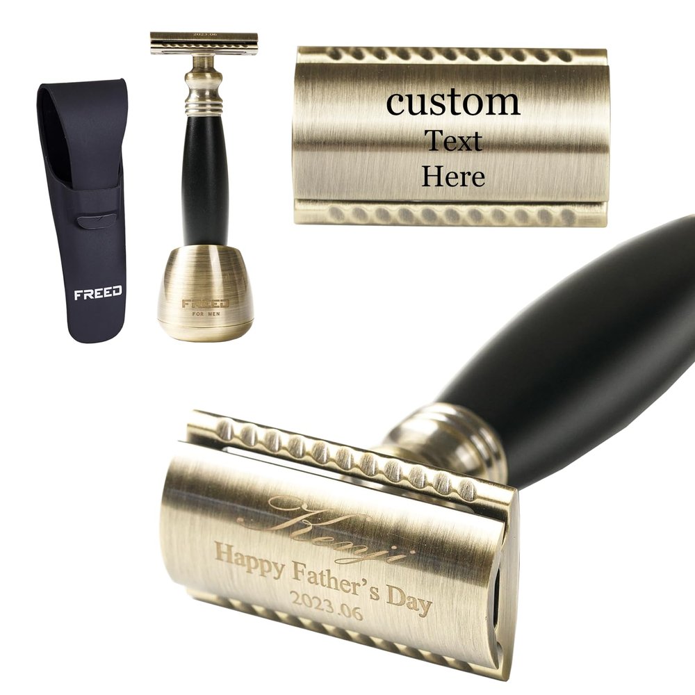 FREED Bronze Series Customized gifts Engraving Shaving Kit - Safety Razor with metal handle include razor travel case,razor base,and 10 blades,It's the best gift for men (Black)