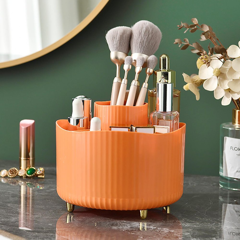Anyoifax 360 Rotating Makeup Brush Holder Organizer, Make up Brushes Cup for Vanity, 5 Slot Spinning Makeup Organizers for Cosmetics, Lipstick, Pen, Orange