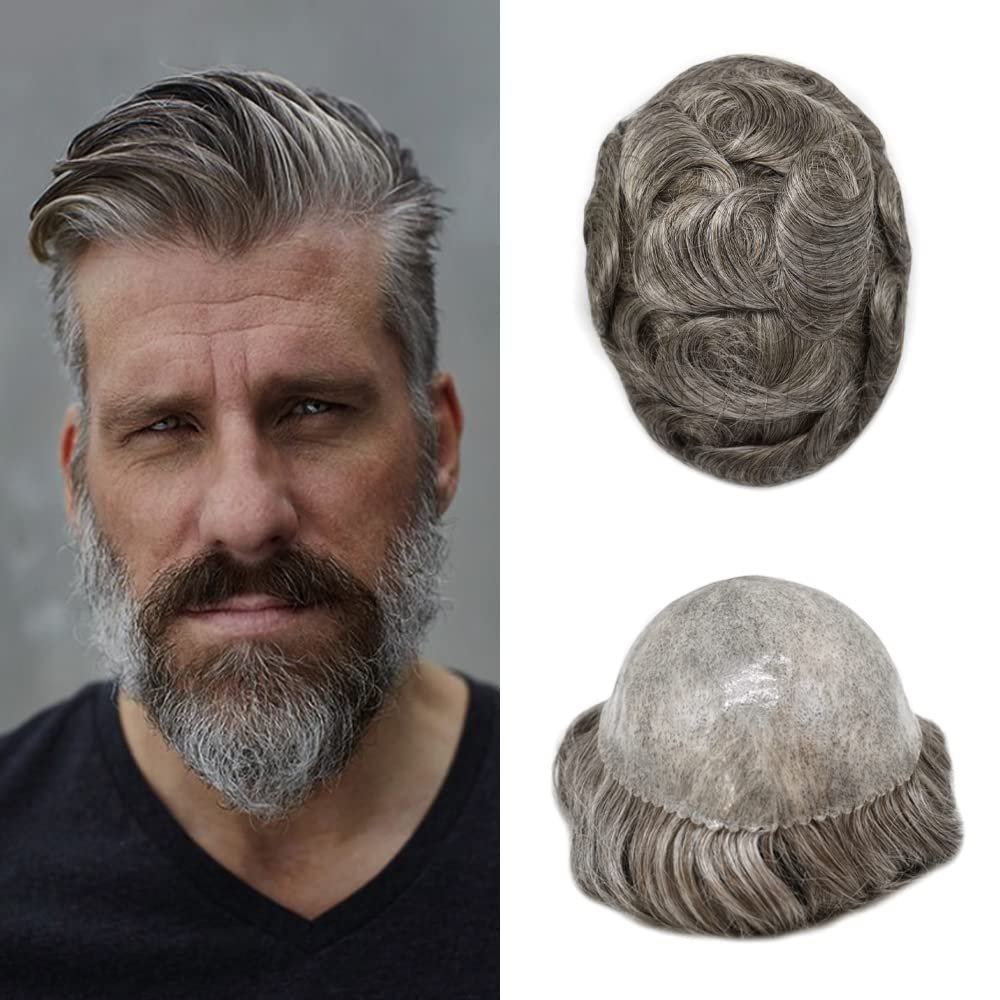 Healthlif Toupee For Men Hair System Replacement Mens Toupee Full Poly Skin Men Hair Piece PU Skin Men's Toupee 0.1mm Human Hair Men Hairpieces8x10medium light density#350 3# DARK BROWN+50% GREY