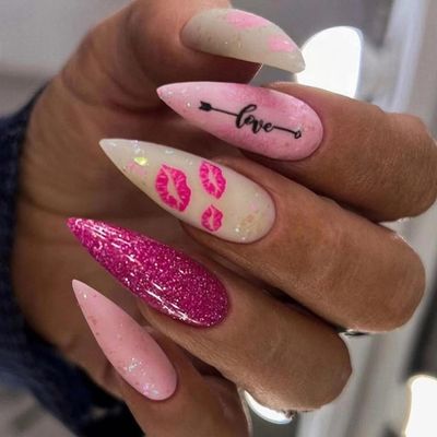 24Pcs Almond Press on Nails for Valentine's Day - Pink Glitter Acrylic False Nails With Love Letter and Red Lips Designs - Full Cover Stick on Long Stiletto DIY Nails for Women
