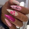 24Pcs Almond Press on Nails for Valentine's Day - Pink Glitter Acrylic False Nails With Love Letter and Red Lips Designs - Full Cover Stick on Long Stiletto DIY Nails for Women view 1