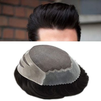 Mens Toupee Poly Skin Durable Real Human Hair Around Fine Mono 8X10 Hair Replacement Breathable Hair Unit For Men (8"X10", #1B20 Off Black with 20% gray hair -120% Medium Light to Medium Density)