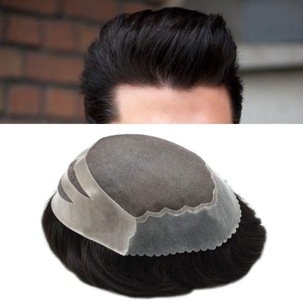 Mens Toupee Poly Skin Durable Real Human Hair Around Fine Mono 8X10 Hair Replacement Breathable Hair Unit For Men (8"X10", #1B20 Off Black with 20% gray hair -120% Medium Light to Medium Density)