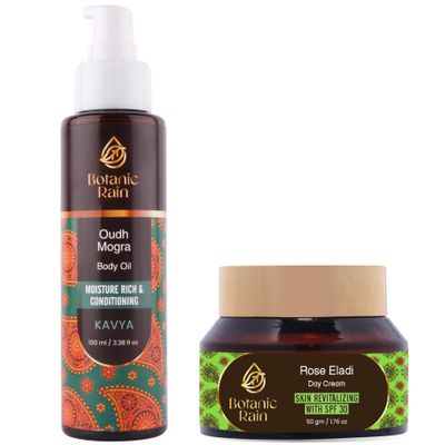 Botanic Rain Organic Body Oil With Oudh Mogra And Face Moisturizer With SPF With Rose Eladi, Natural Ayurveda Products Suitable For All Skin Types, For Women And Men