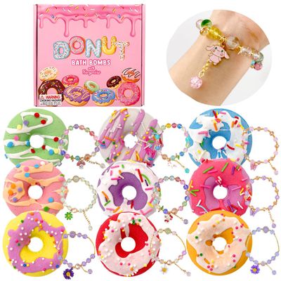 Donut Bath Bombs for Kids Girls, Natural and Safe Kids Bath Bombs with Bracelets Inside for Birthday, Calming and Long-Lasting Scent