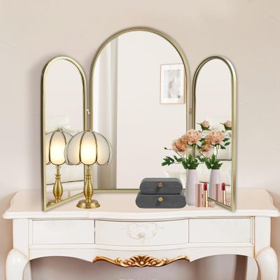 BAODANFU Trifold Vanity Mirrors 3 Way, 30 x 37in Adjustable Vanity Mirrors for Bathroom, Bedroom, Champaign Golden Arch Mirrors Wall Mounted Decoration, Braiding Hair, Makeup 360 Way